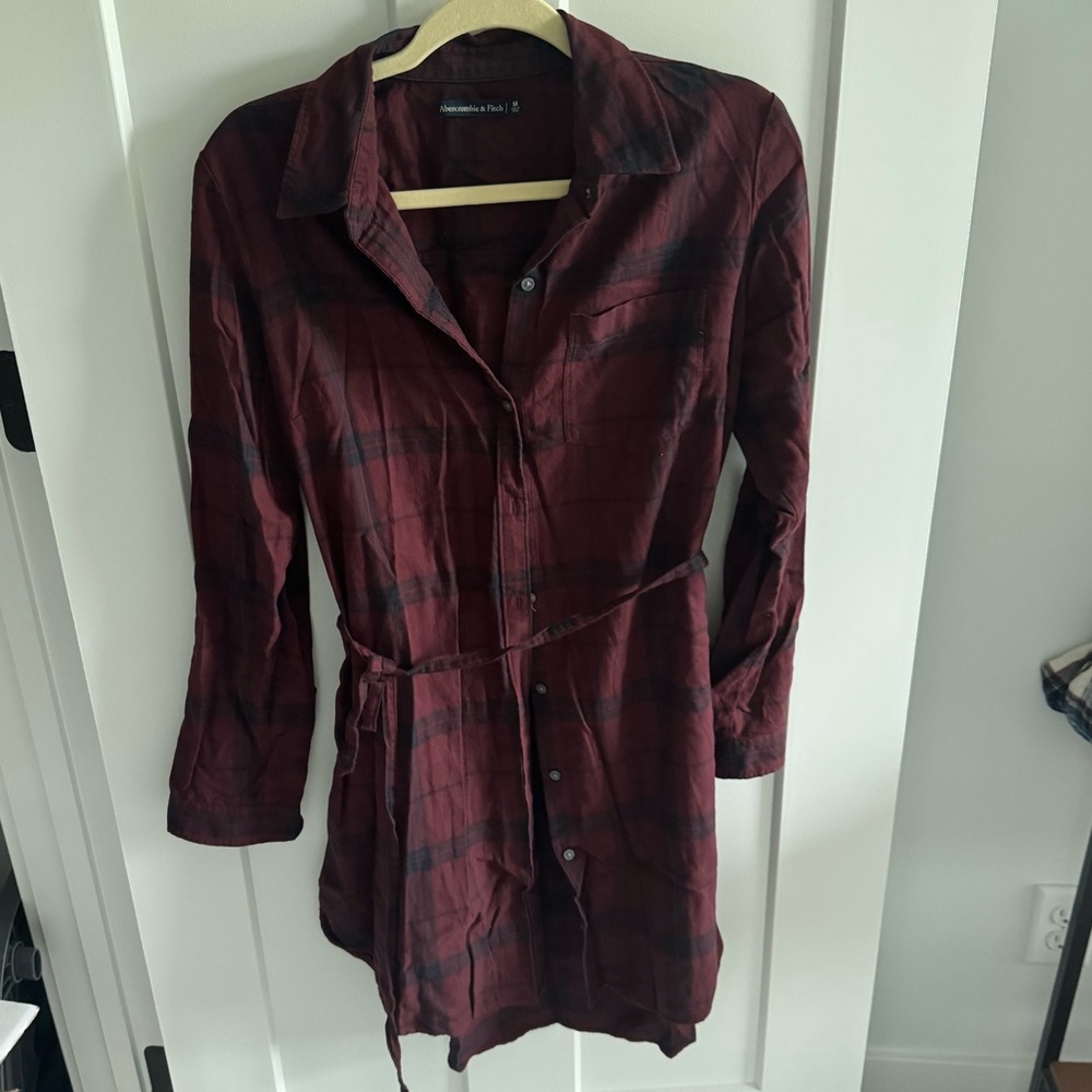 Burgundy Plaid Button Down Dress